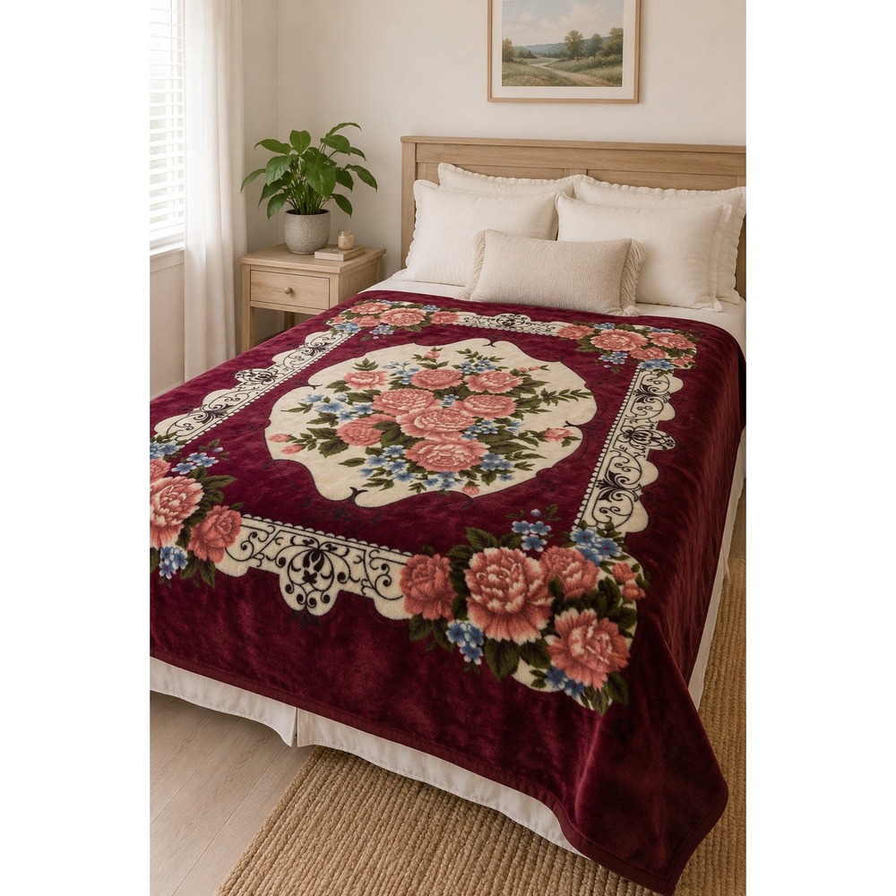 Vtg Korean Mink Blanket Burgundy Floral Victorian Grandmillennial Plush Throw